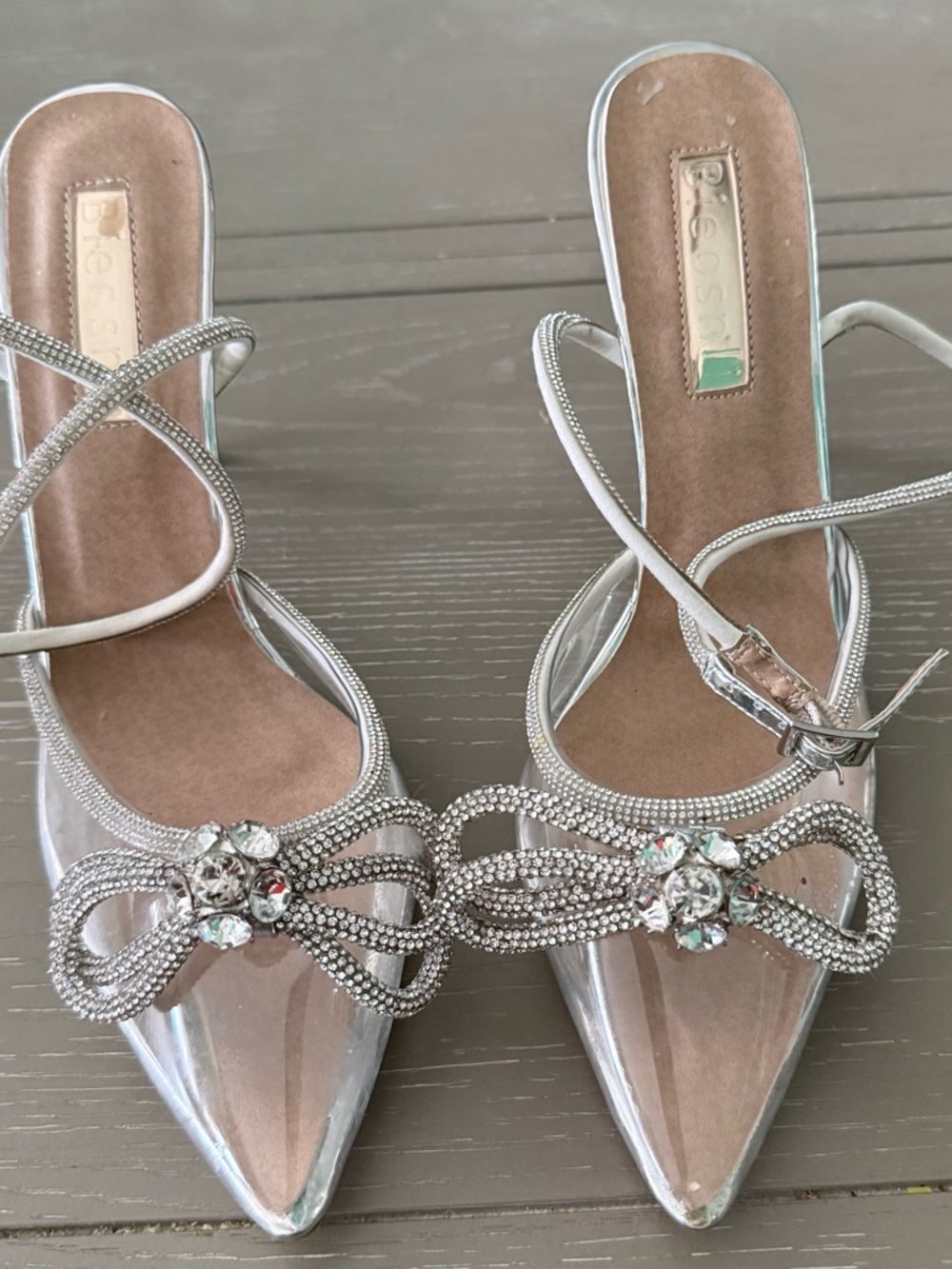 Clear Toe Rhinestone Bow and Ankle Strap Heel Women's Size 6